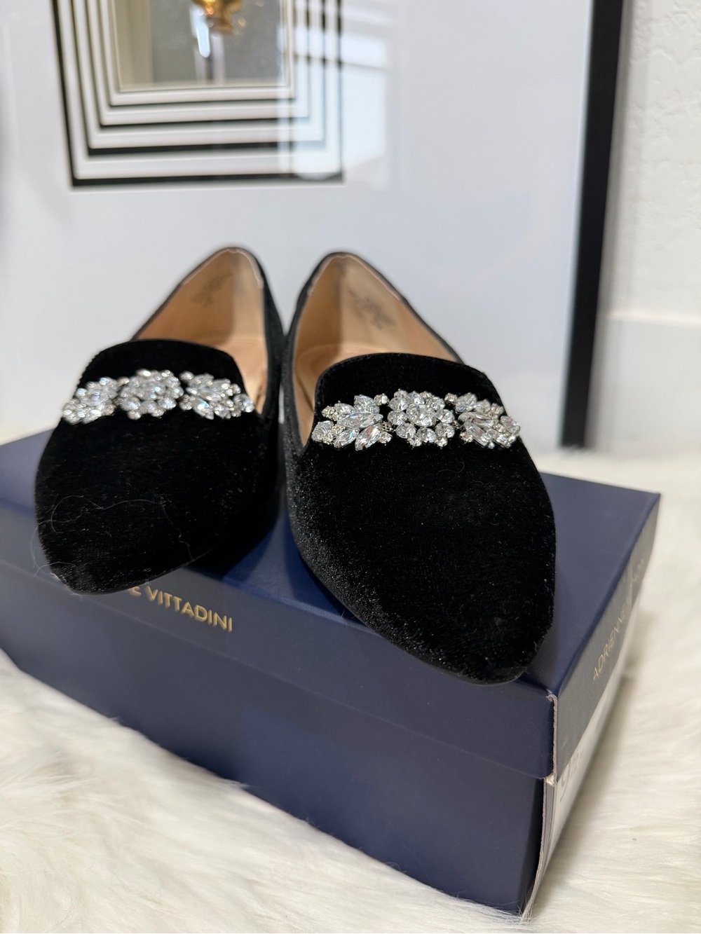 Adrienne Vitaddini Black Velvet Jeweled Pointed Flats - Dress Loafers 9.5 - Picture 2 of 14